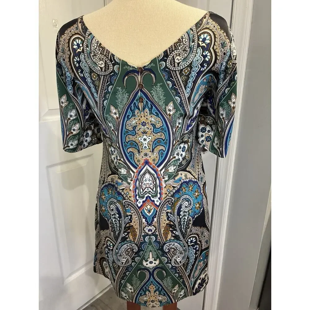 ERULLA Silk Blend Paisley Scarf Print Shift Dress - Size 2 - Multi-Color Boho